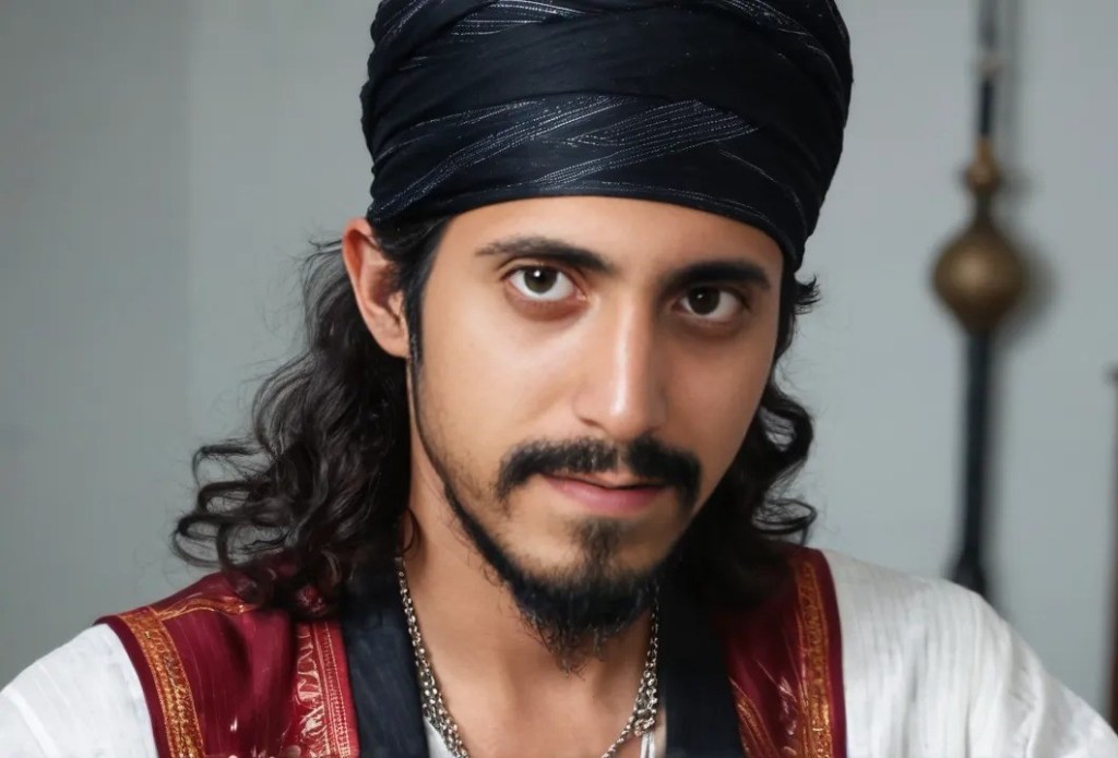 Rashid Al-Rasul. Líder y Guía Espiritual, Escritor, Podcaster, Místico y Experto en Enseñanzas Esotéricas con turbante negro y ropas rojas y blancas